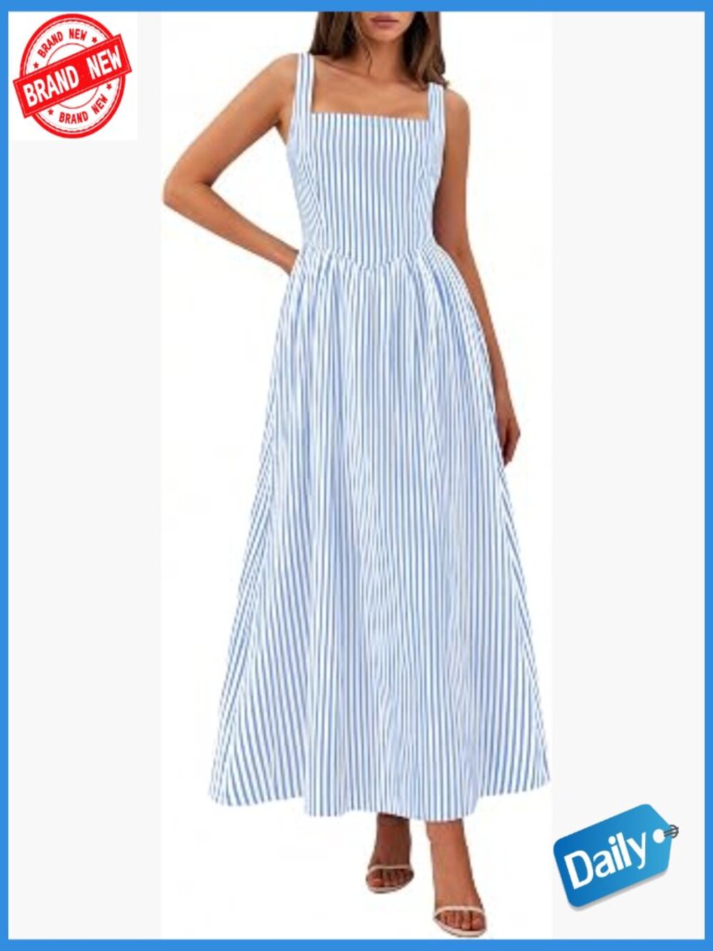 Striped Square Neck Maxi Dress with Pockets Fit Flare Sleeveless